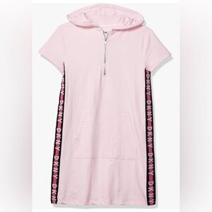 Pre-owned DKNY pink t- shirt dress with hoodie & side seam DKNY logo/Sz: L(12)